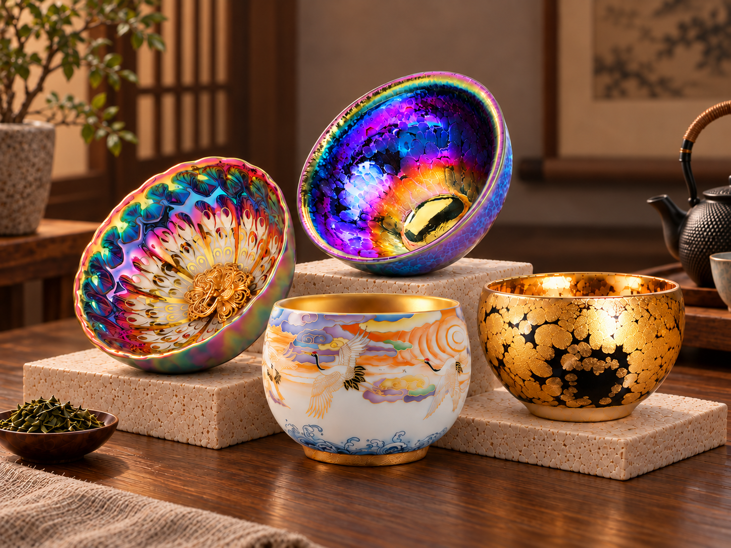 AI-generated indoor tea-table scene featuring Vivid Peacock, Fairy II, Colorful Cranes and Gold teacups