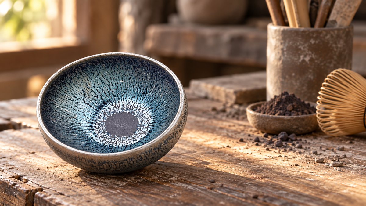 Handmade Jian Zhan tenmoku tea bowl with crystalline oil-spot glaze on a potter's workbench