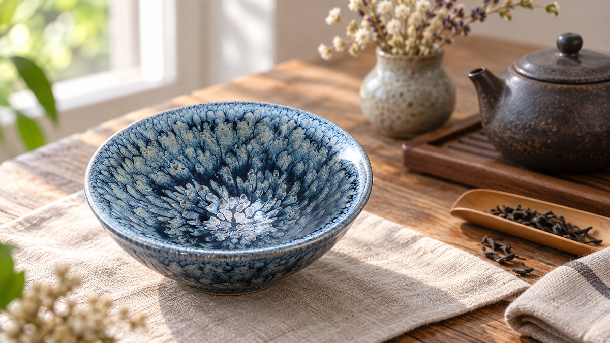 Handmade Jian Zhan tenmoku tea bowl in a calm at-home tea ritual by a bright window