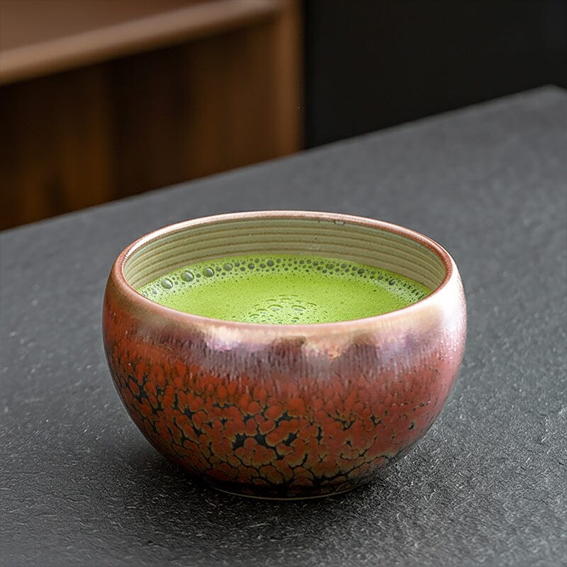 Succulent Matcha Bowl – Handmade Tenmoku Tea Cup with Oil-Spot