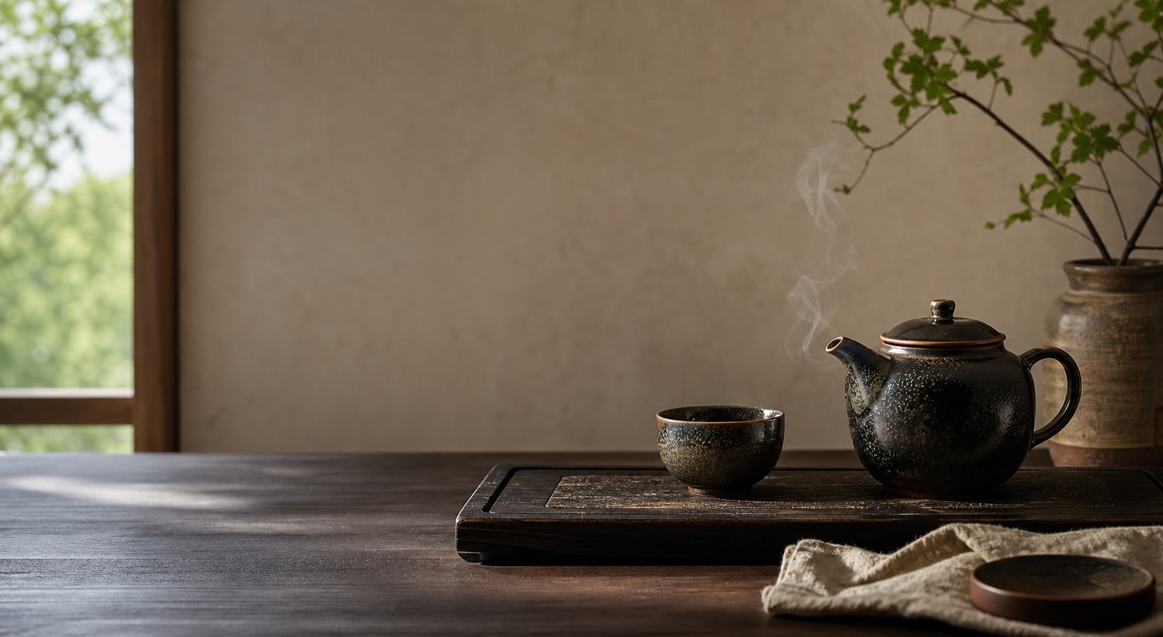 Quiet tea table with dark glazed ceramics and soft window light